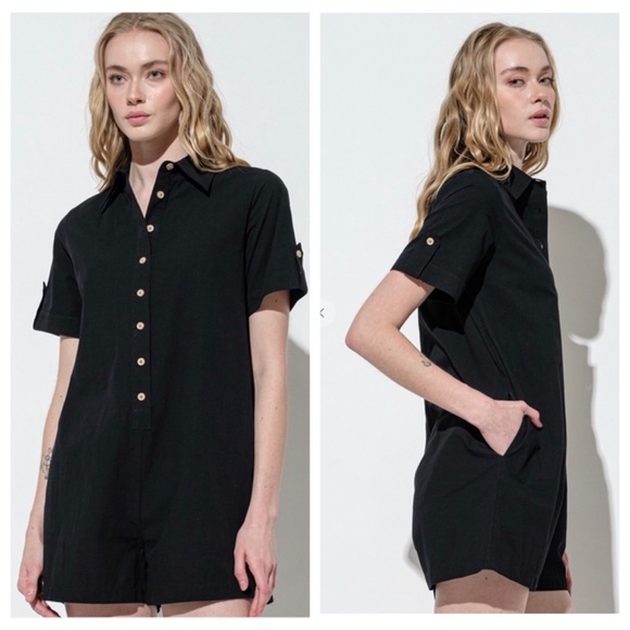 14 Solid Basic Collared Short Sleeve Romper - Picture 3 of 6